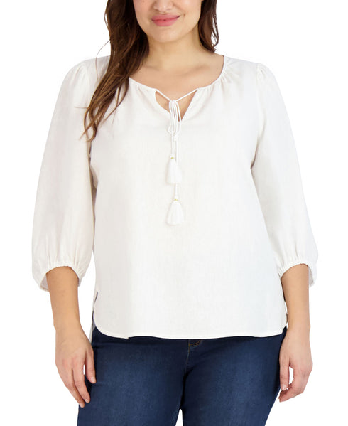Jones New York Plus Size Linen Tie Neck Tassel 3/4 Sleeve Blouse